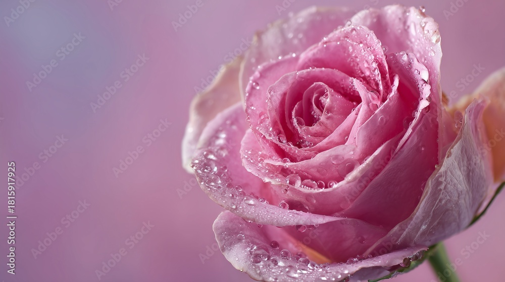 Fototapeta premium Macro Close Up Pink Rose Flower with Fresh Water Droplets Covered Petals Soft Pastel Pink Background Clean Beauty Concept Still Life