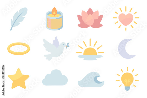 Peaceful Hope Icons. Peaceful Hope flat icon set : feather, candle jar, lotus bloom, radiant heart, halo, dove, sunrise beam, moon glow, star, soft cloud, gentle wave, warm light