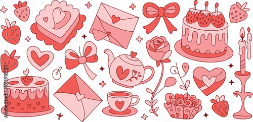 Hand drawn Valentine’s Day illustration collection with hearts, love letters, cake, tea set, candles, strawberries, roses, and romantic elements