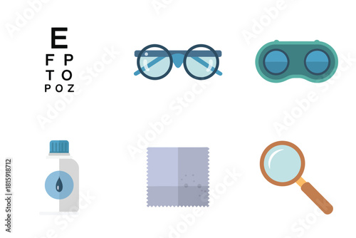 Eye examination toolkit icons, Snellen chart letters, vintage spectacles, protective goggles, solution bottle, microfiber cloth, handheld magnifier