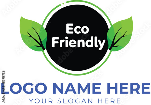 Eco-friendly logo vector with black circle, white text, and green leaves for sustainable product or brand identity