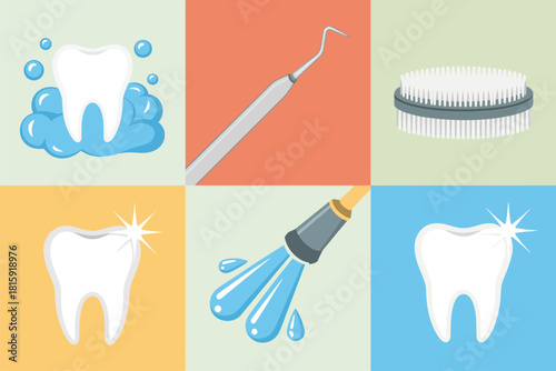 Oral care tiles collection, enamel tooth sparkle, dental scaler instrument, round interdental brush, water spray rinse, healthy smile