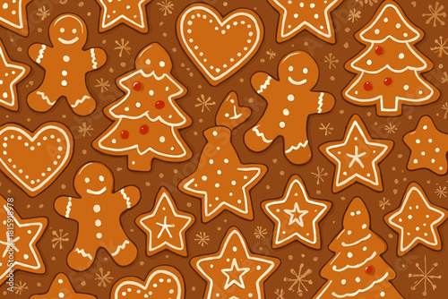 Gingerbread Cookies Pattern. Gingerbread cookies in various shapes, including stars and hearts, arranged in a playful, repeating pattern. Each cookie is decorated. Vector illustration