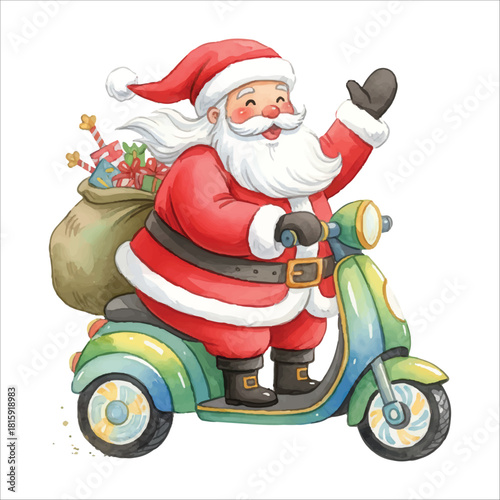 Santa Claus riding a scooter watercolor vector isolated on white background

