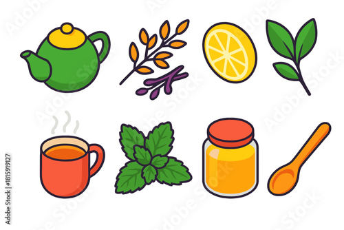Herbal Tea Icons. Herbal Infusions flat icon set: teapot, dried herbs, lemon slice, tea leaves, honey jar, steaming cup, mint sprig, wooden spoon