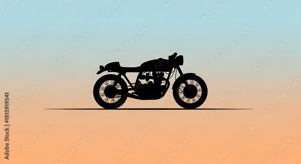 Fototapeta premium Minimalist Silhouette of a Classic Cafe Racer Motorcycle Against a Gradient Sky.