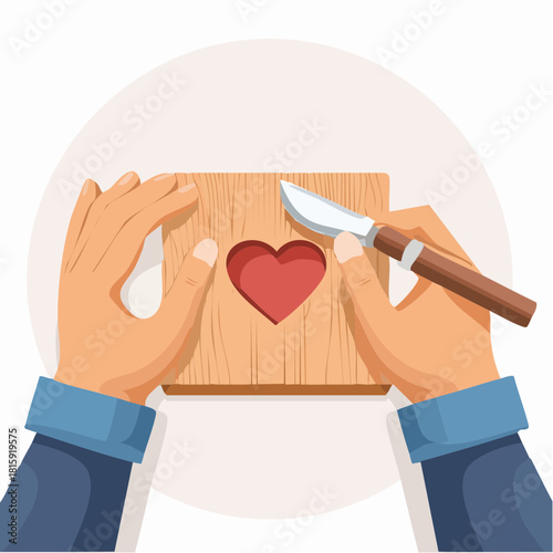 Mans hands carefully carve a heart shape into a wooden block with a knife