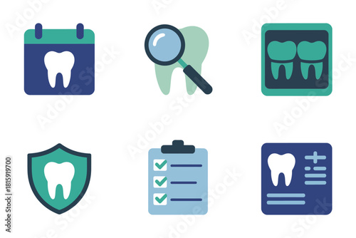 Dental administration pack, schedule calendar, magnifier review, x ray comparison, shield security, clipboard audit, professional clinic vector