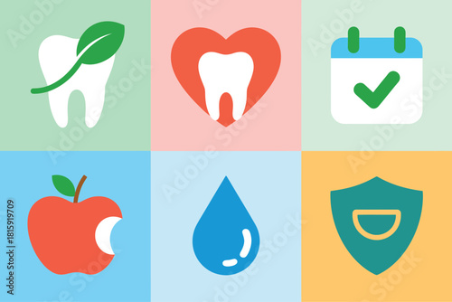 Preventive dentistry tiles, leaf tooth, heart tooth, calendar check, healthy apple, pure water droplet, smiling shield