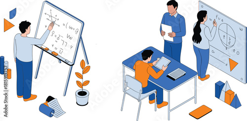 Isometric illustration of modern classroom with students studying mathematics, teacher teaching geometry on board, educational learning environment with school materials