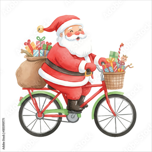 Santa Claus riding a bicycle watercolor vector isolated on white background
