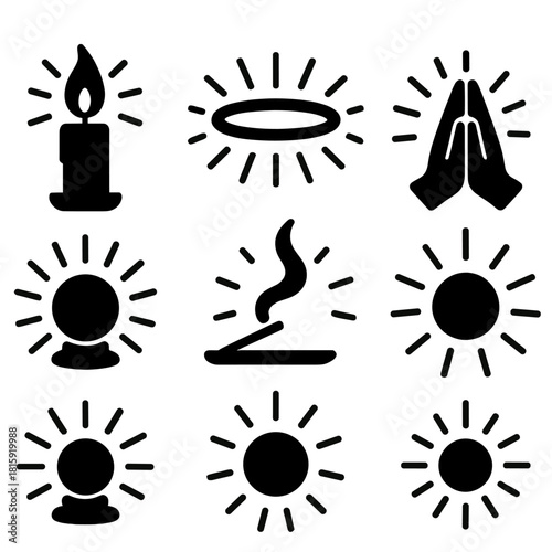 Spiritual Icon Set. Sacred moment silhouette icon set : lighted candle, shining halo, folded hands, peaceful flame, radiant pearl, spiritual glow, incense stick, quiet aura