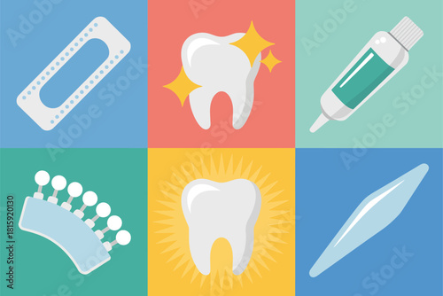 Orthodontic care grid, clear aligner tray, radiant tooth, anesthesia syringe, impression arch, whitening burst, toothpaste swipe