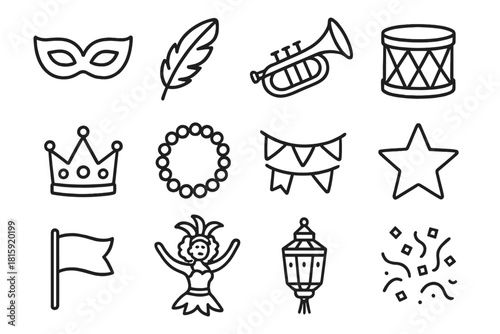 Carnival Icon Extravaganza. Carnival celebration linear icon set: mask, feather, trumpet, drum, crown, beads, banner, star, flag, dancer, lantern, confetti