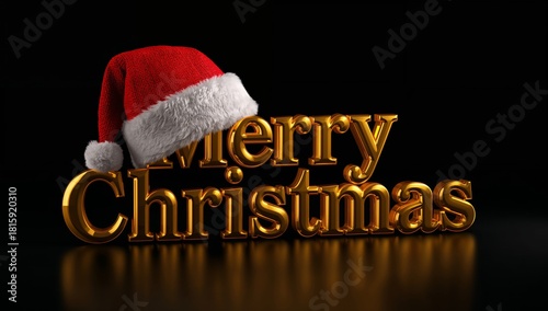 Merry Christmas Sign With a Red Santa Hat on a Black Background