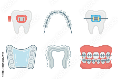 Orthodontic braces and aligner icons, dental arch diagrams, retainer plates, wires and brackets, tooth alignment care, vector set