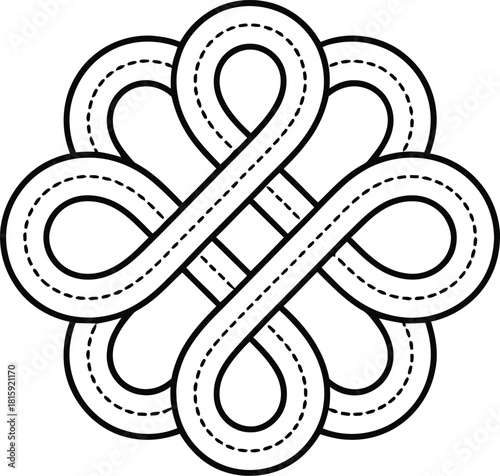 Intricate Black and White Illustration of a Complex Road Network Intertwined in a Knot