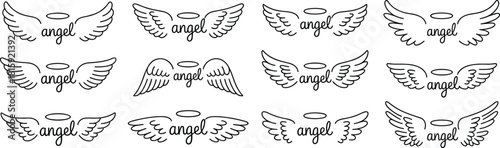 Minimalist angel wings and halo line art design collection featuring elegant handwritten typography, divine spiritual symbols,
