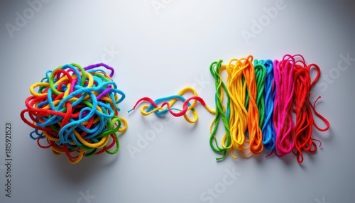 Colorful Yarn Ball and Neatly Arranged Strands on a Plain Background for Craft and Textile Projects