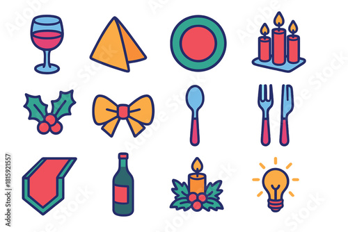 Festive Dining Icons. Festive Dining Decor flat icon set: glassware, napkin fold, plate, candle trio, holly leaves, ribbon, silver spoon, fork, table runner, wine bottle