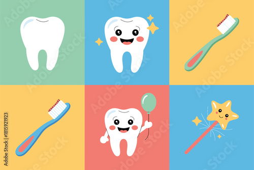 Cute dental hygiene tiles, happy tooth character, toothbrush, sparkling enamel star, colorful squares background, kids oral care vector