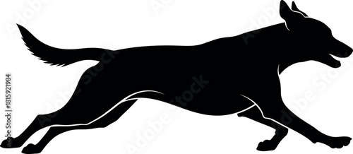 Black silhouette of a running dog, depicting movement and energy, isolated on