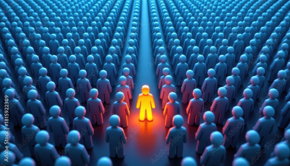 Obraz premium Abstract representation of individuality standing out among a crowd of identical figures in a digital environment