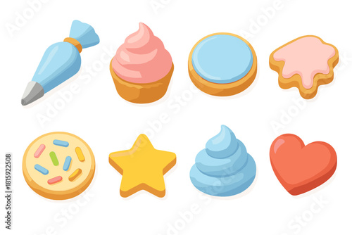 Isometric Icing Icons. Icing art flat icon set : piping tool, cupcake top, cookie, icing drizzle, sprinkle, star, frosting swirl, heart