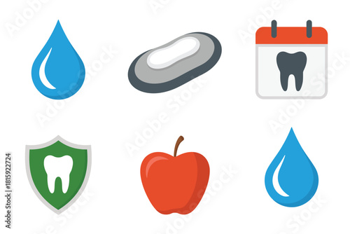 Daily dental routine icons, water drop, soap bar, appointment calendar, shiny tooth, red apple, blue droplet, hygiene vector