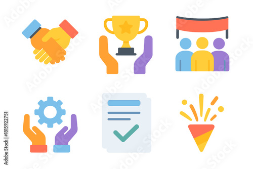Teamwork Celebration Icons. Team Achievement flat icon set: group handshake, shared trophy, team banner, collaboration icon, completed project sheet, celebration spark
