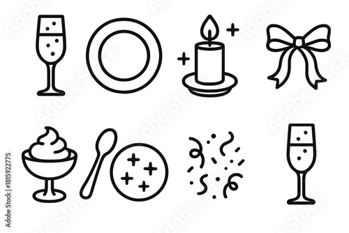 Festive Tableware Icons. New Year Celebration Tableware linear icon set: champagne flute, metallic plate, silver spoon, glowing candle, ribbon detail, dessert bowl, sparkling