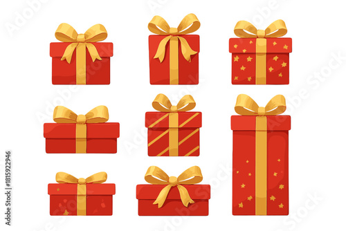 Festive Gift Icons. Set of Christmas icons featuring a collection of wrapped gifts in red and gold, each with intricate ribbon designs. The icons are arranged in a. Vector illustration
