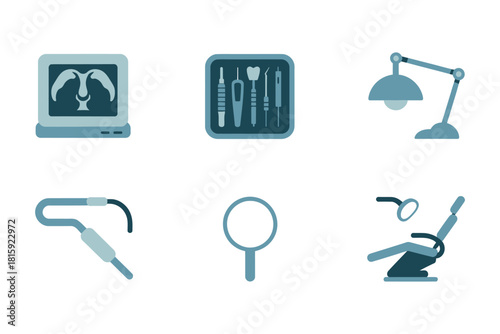 Dental clinic equipment icons, tooth x-ray film, instrument tray, overhead lamp, scaler tip, mouth mirror, professional care vector