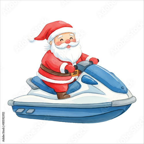 Santa Claus riding a jet ski watercolor vector isolated on white background
