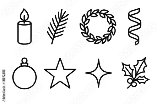 Festive Icons Outline. Festive tradition linear icon set : candle flame, pine twig, wreath, ribbon curl, ornament ball, star, sparkle, holly sprig
