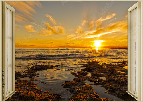 Open window to a seascape at dawn