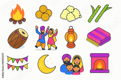 Lohri Festival Icons. Lohri Togetherness Night flat icon set: bright bonfire, sesame sweets, popcorn heap, sugarcane sticks, drum beats, dancing couple, glowing lantern, wool