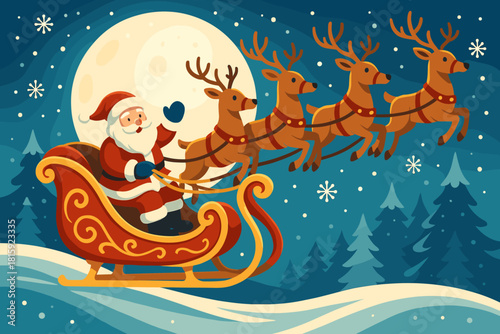 Santa's Moonlit Sleigh. Santa Claus rides in a red sleigh adorned with golden details, pulled by a team of reindeer. The scene is set against a luminous full moon,. Vector illustration