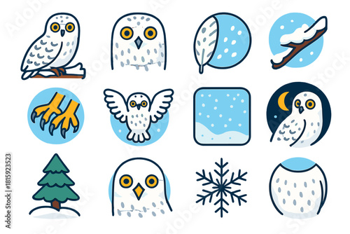 Snowy Owl Icon Set. Snowy Owl Portraits flat icon set: perched owl, wide eyes, feather texture, snowy branch, talons, wingspan, icy background, moonlight, pine tree, beak detail