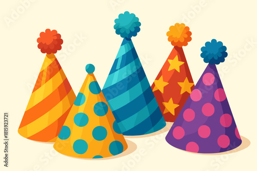 Festive Party Hat Array. Festive party hat collection displayed in an array. Each hat features different patterns like stripes, polka dots, and stars, topped with. Vector illustration