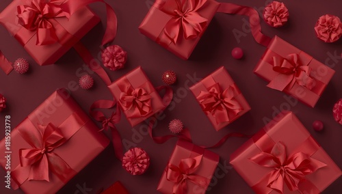 Red Gift Boxes Arranged Elegantly on a Red Background for a Festive Occasion