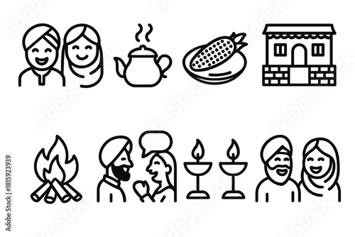 Lohri's Warm Celebration. Lohri Warm Hospitality linear icon set: smiling faces, steaming kettle, roasted corn platter, cozy courtyard, flickering lamps, friendly conversation