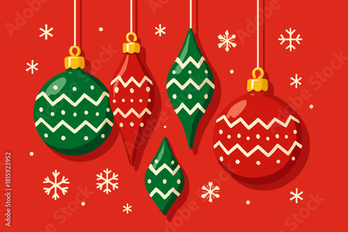 Classic Christmas Ornaments. Classic Christmas ornaments in various shapes, including a round bauble and a teardrop, hang against a bright red background. Snowflakes. Vector illustration