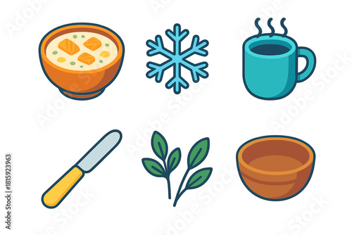 Arctic Comfort Icons. Arctic Comfort Bowls flat icon set: salmon chowder, snowflake garnish, steaming mug, butter knife, herbs, wooden bowl