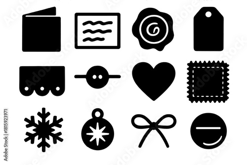 Handmade Icon Set. Handmade Touches silhouette icon set: folded card, handwritten note, wax seal, paper tag, lace edge, string tie, sticker heart, fabric patch, paper snowflake