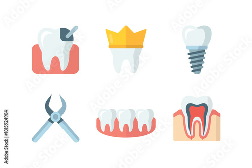 Restorative dentistry set, crowned tooth upgrade, implant fixture, extraction pliers, gum tissue model, periodontics chart, root canal anatomy