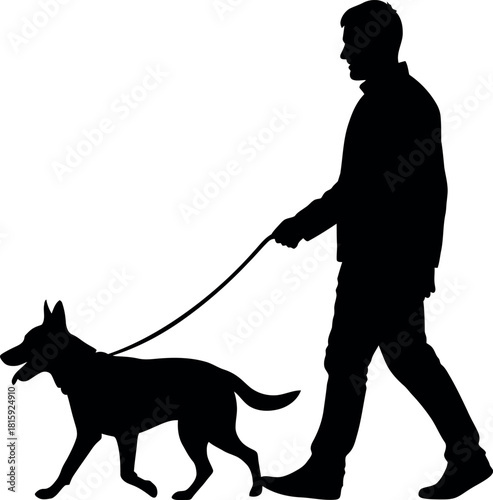Silhouette of a person walking a dog on a leash, depicting companionship and daily routine, isolated on