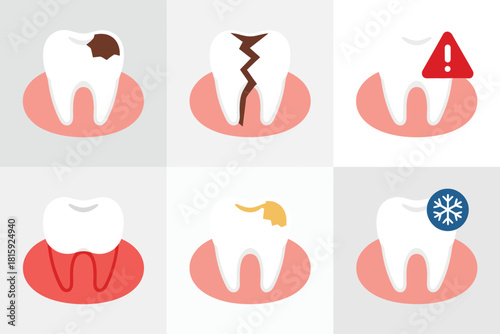 Dental concerns collection, cavity patch, vertical crack, sensitivity alert, healthy tooth sample, plaque stain spot, cold discomfort icon
