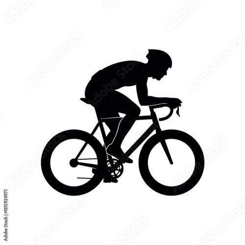 Silhouette of a male cyclist riding a road bike in a racing position, isolated on