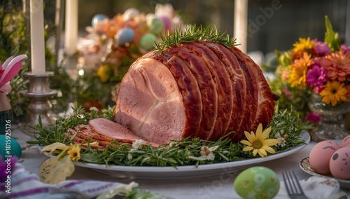 Deliciously Prepared Glazed Ham Served at a Festive Spring Gathering With Col...
